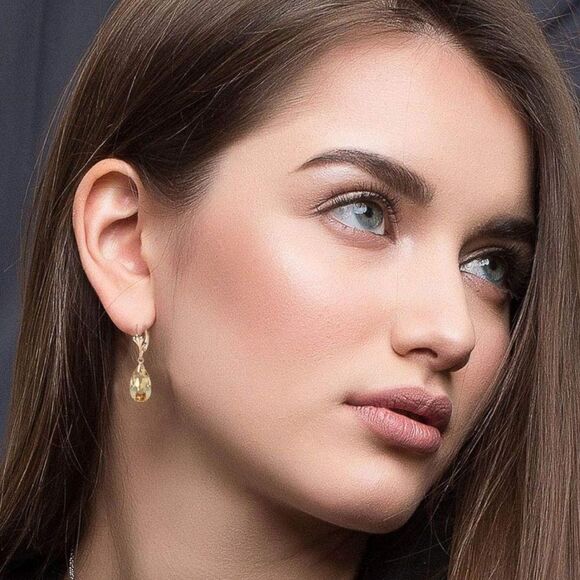 14K Yellow Gold and Champagne Topaz Austrian Crystal Teardrop Leverback Earrings - Picture 5 of 6